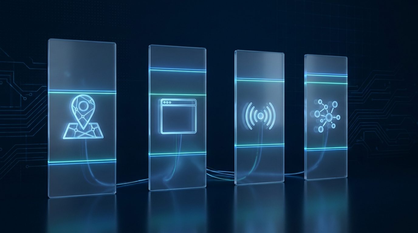 Four upright glass panels in a row, each holding one surface an audit reads: a map pin for the Google Business Profile, a browser window for the website, radiating rings for the engines, and a node cluster for the surfaces you do not own. A scan line crosses each panel at a different height, and connector threads run between them at the base.