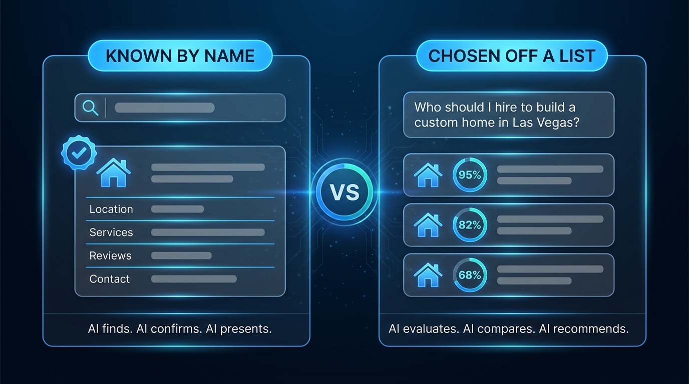 Branded search confirms a business asked for by name. Recommendation search compares several businesses and scores them.