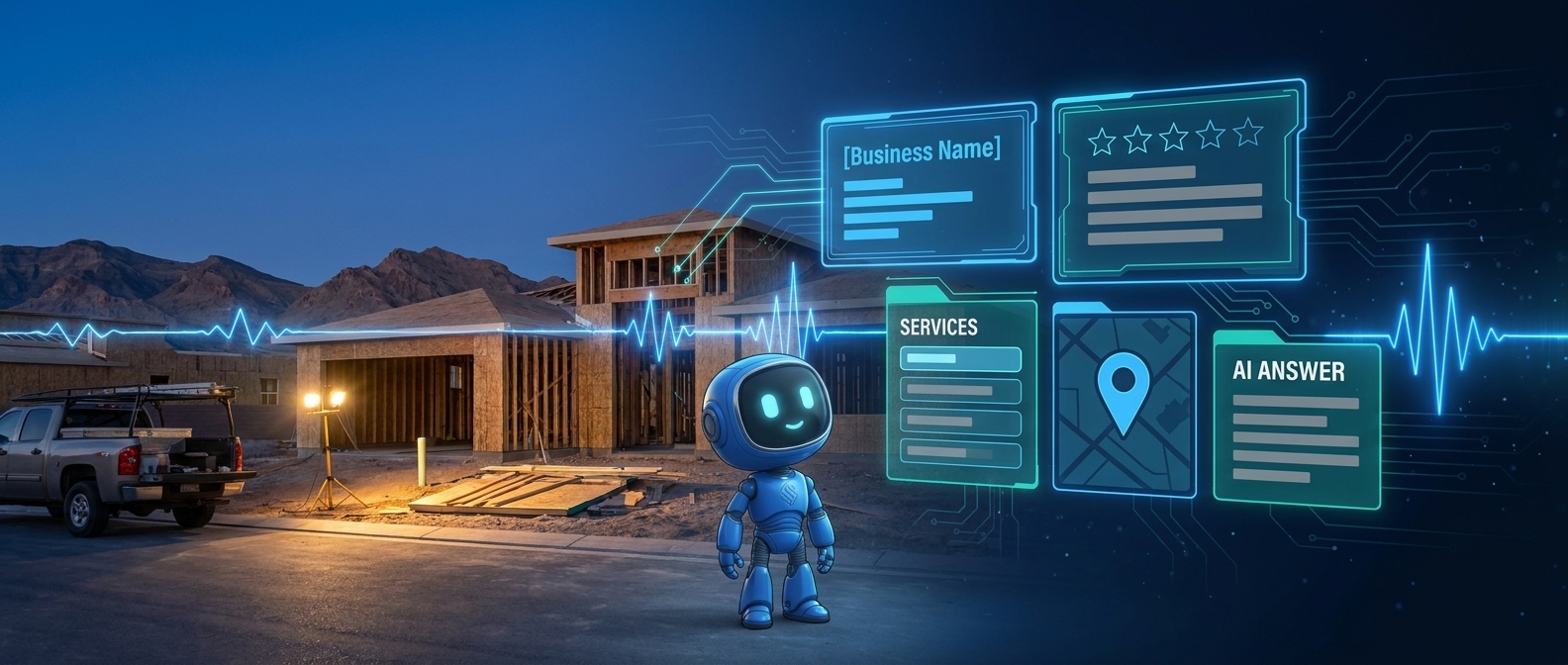 A Las Vegas custom home under construction at dusk, dissolving on the right into glowing panels showing a builder's listing, reviews, services and map placement, all joined by one signal.
