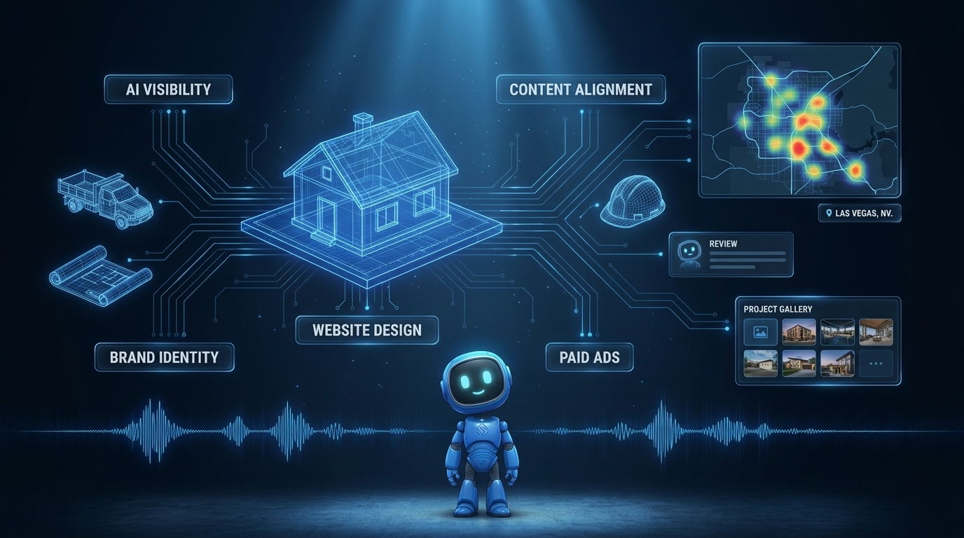 Social Alignment capability map covering advertising, website design, social media and AI-driven progress, with a Las Vegas valley coverage map.