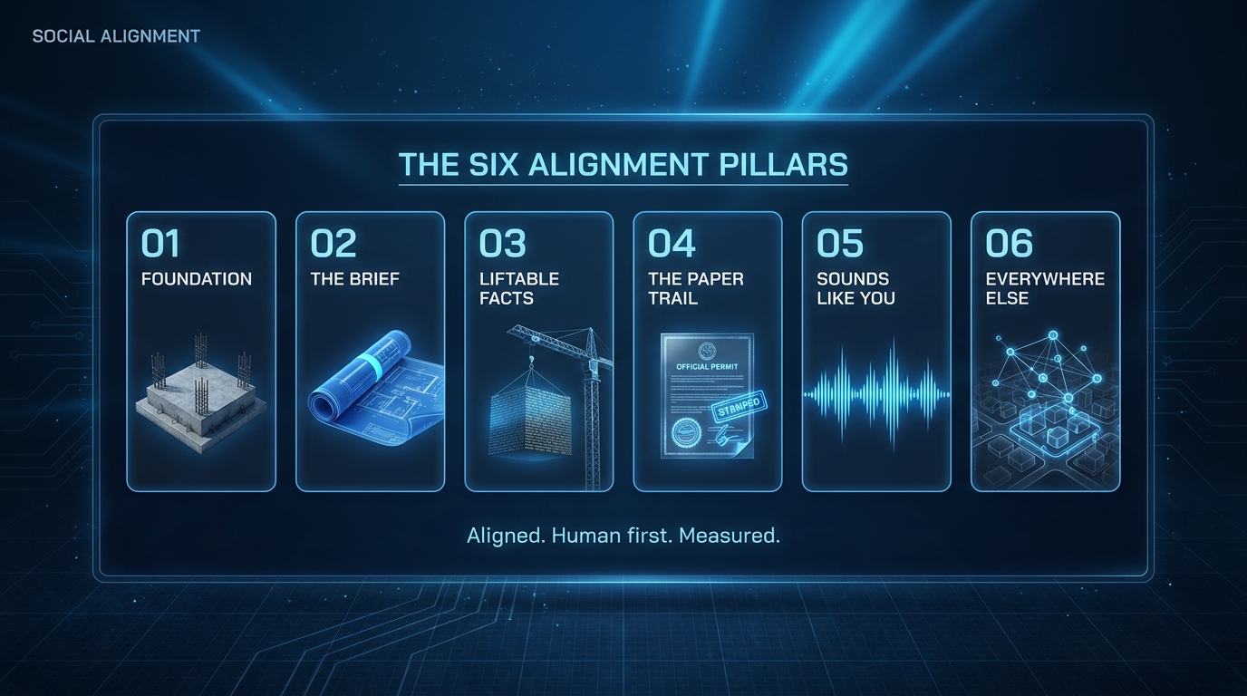 The six pillars of Alignment Everywhere Optimization shown as six lit panels.